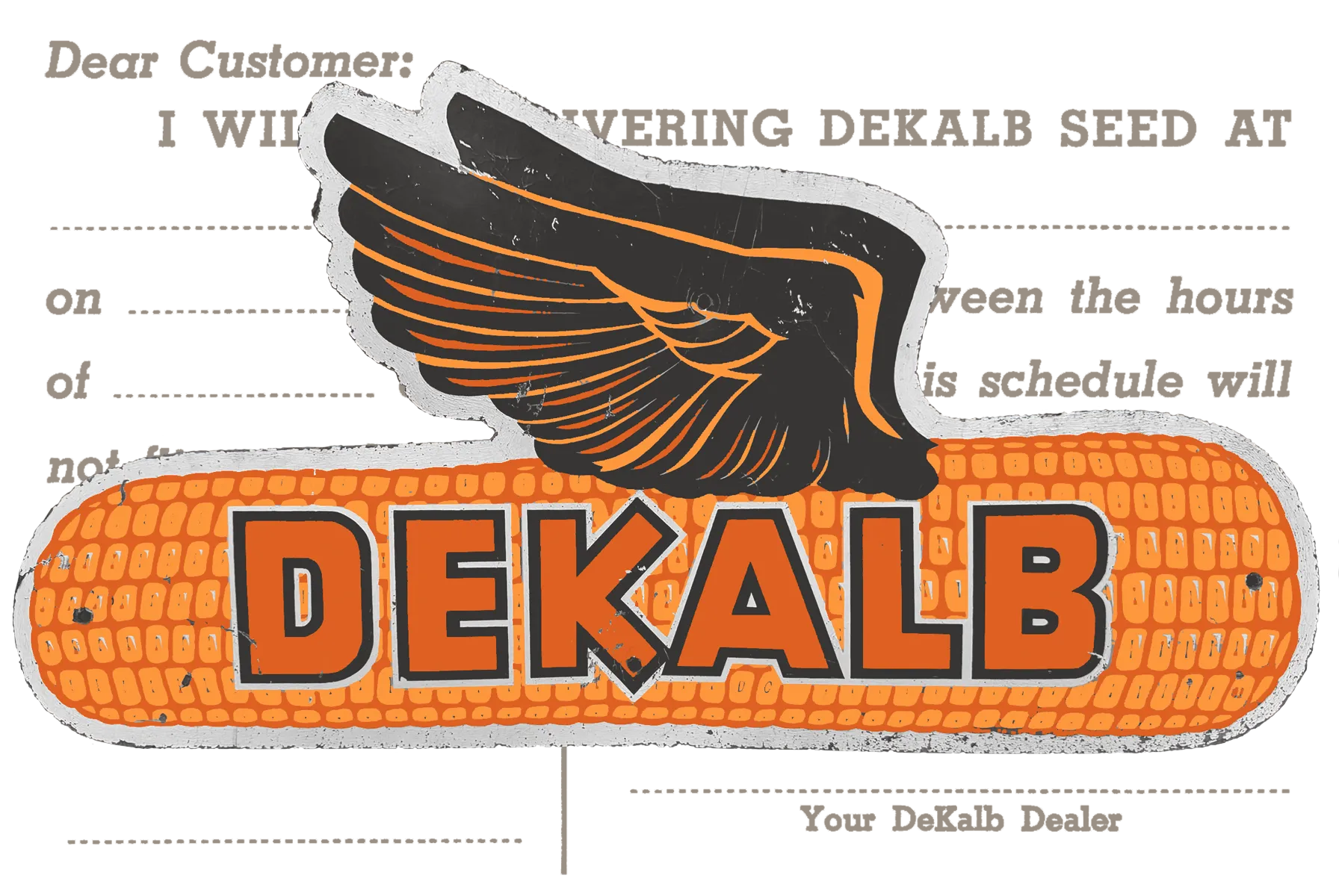 Collage of the DeKalb winged-corn logo over a seed delivery notice