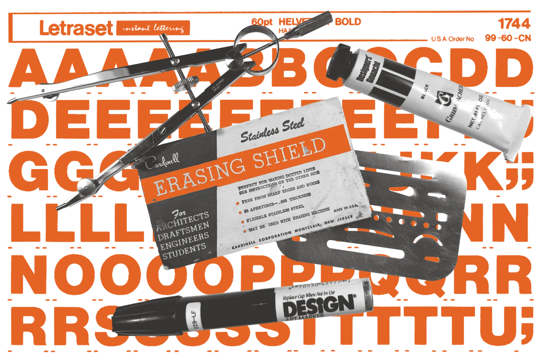 Collage of drafting tools, an erasing shield, gouache, and a marker over a Letraset alphabet